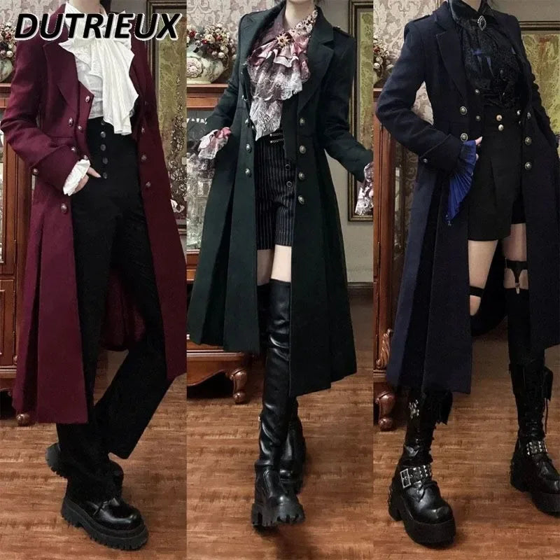 Japanese Retro Dark Long Trench Coat British Style Gothic Handsome Knight Outfit Lolita Sweet Long-sleeved Slimming Jacket