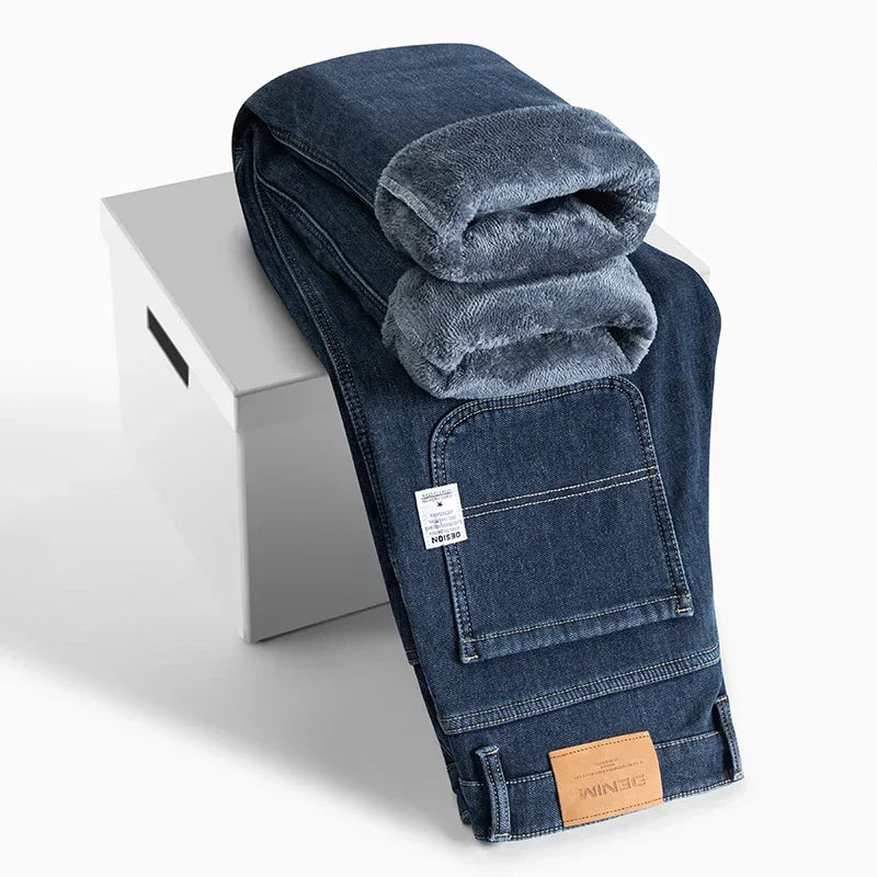 Winter Korean Fashion Brushed Jeans for Men's Thickened Warm Elastic Slim Comfortable Straight Fleece Denim Trousers