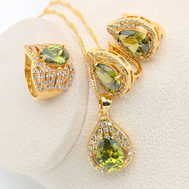 New Green Peridot Zircon Silver 925 Jewelry Set Women Bracelet Earrings Necklace Pendant Ring Birthday Gift