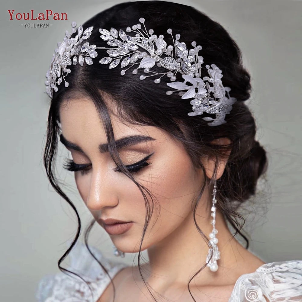 YouLaPan Alloy Leaves Headband Bridal Wedding Rhinestone Headwear Delicate Handmade Beaded Crystal Jewelry Hair Accessory HP272 - KIMLUD