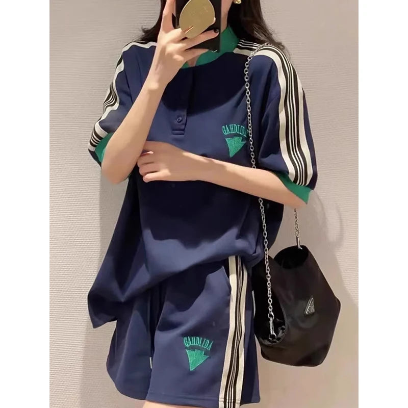 Navy Loose Side Patch Streetwear Tracksuit Summer Shirts Shorts Pants Embroidery Two Piece Sets Womens Outifits Harajuku Casual - KIMLUD