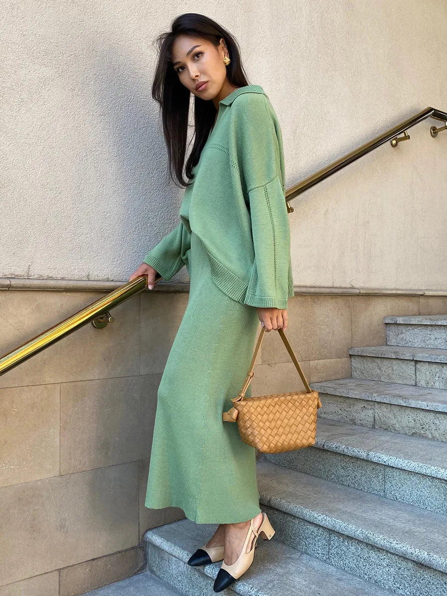 KIMLUD, DEAT Fashion Women's 2 Pcs Set V-neck Loose Fit Long Sleeves Sweater High Waist Ankle-length Skirt Suit Autumn 2024 New 7AB4889, Light Green / L, KIMLUD APPAREL - Womens Clothes