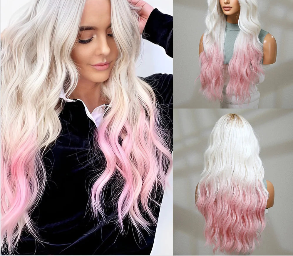 oneNonly Pink White Long Wig Blonde Rainbow Wavy Wigs Halloween Cosplay Party Wigs for Women Makeup Tools Synthetic Hair - KIMLUD