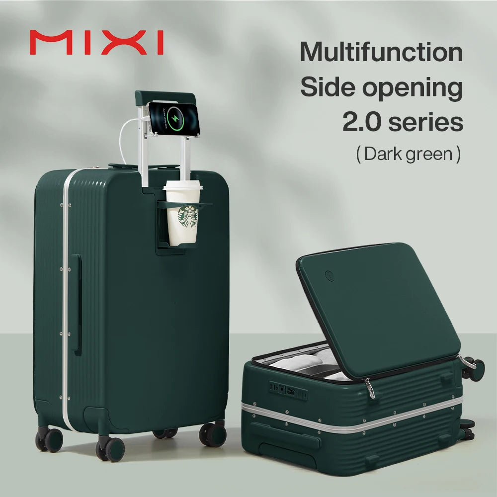 KIMLUD, Mixi New Aluminum Frame Suitcase Carry On Rolling Luggage with USB Port Boarding Cabin Cup and Phone Holder 20 24 Inch, Dark Green / 20Inches 500mm, KIMLUD APPAREL - Womens Clothes