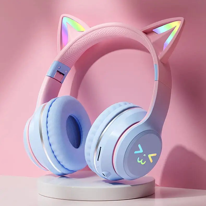 Gradient wireless Headphones RGB cute cat ear Bluetooth Earphones with microphone Stereo Music Game Earphone Girls Kids Gifts