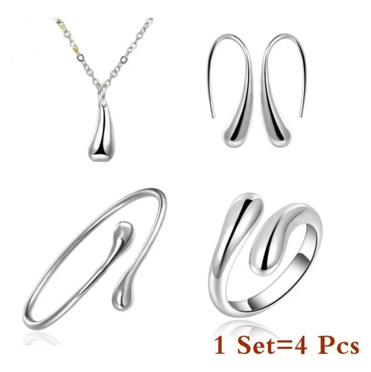 KIMLUD, Fashion S925 Silver Needle Earrings Ring Bracelet Set Simple Personality Womens Water Drop Four-piece Jewelry Set for Women Gift, KIMLUD Womens Clothes