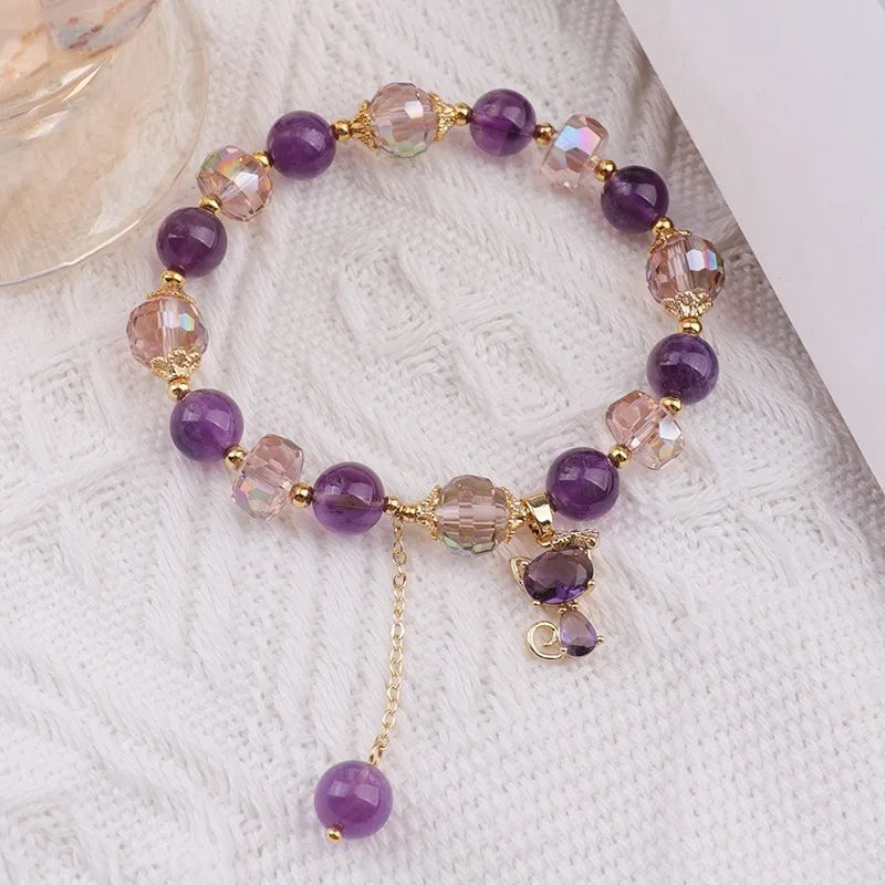 Natural Amethyst Bracelet  Women's Light Luxury Wishing Lucky Cat Beaded Pendant Hand Chain Best Friend Bangles Jewelry Gift