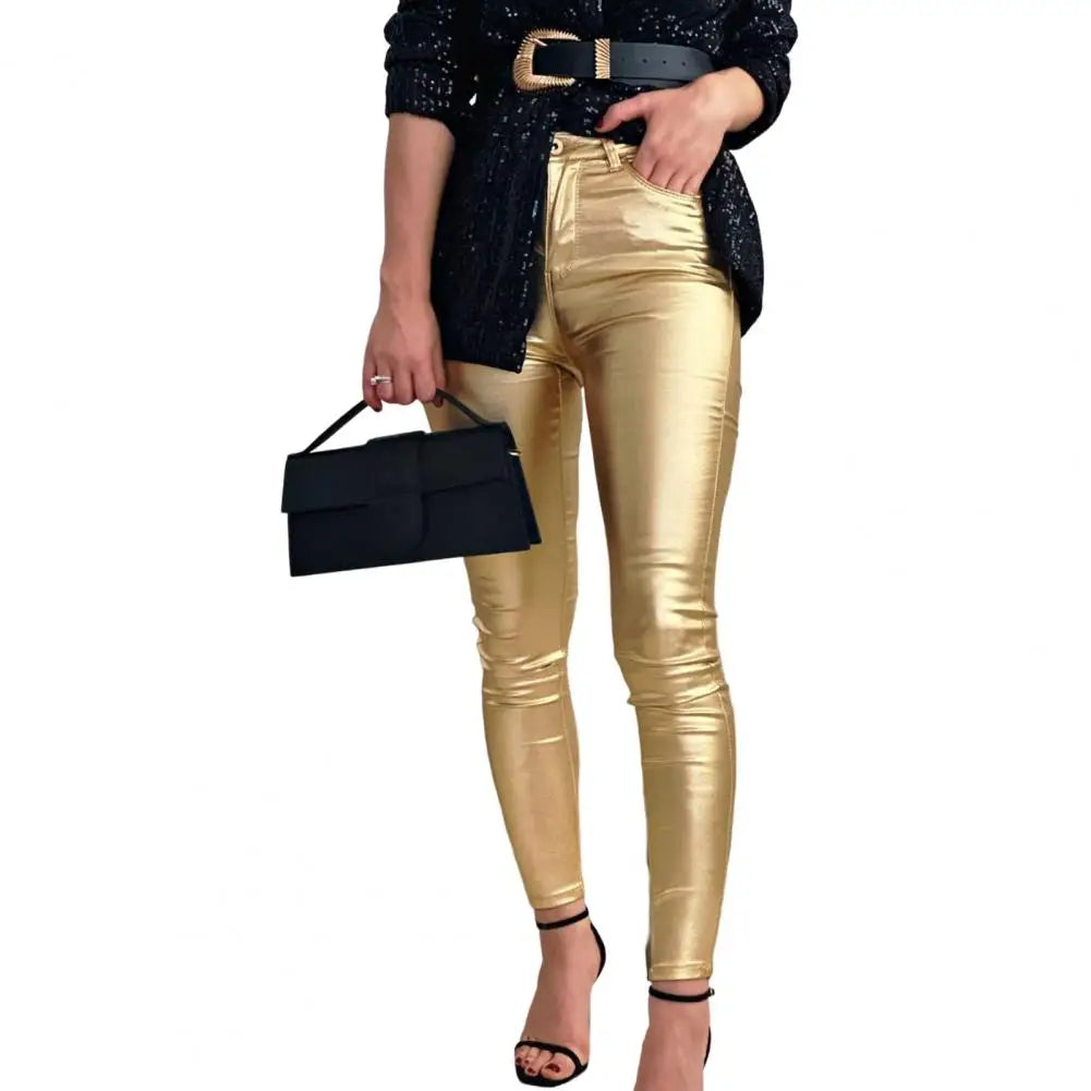 KIMLUD, Women Leggings Ankle-Length Tight Stretchy Faux Leather Lady Trousers Leggings Pants Women Clothing, Golden / S, KIMLUD APPAREL - Womens Clothes