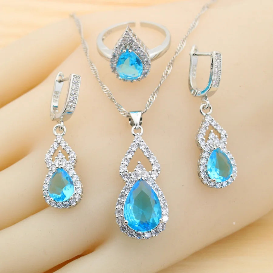 Fashion Sky Blue Water Drop Zirconia 925 Silver Jewelry Sets for Women Earrings Necklace Pendant Ring Bracelet Wedding Gift