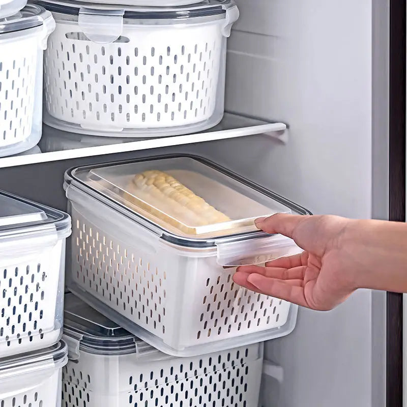 Refrigerator Preservation Storage Box Drain Basket Storage Containers Sealed Box Vegetable and Fruit Food Grade Drain Box - KIMLUD