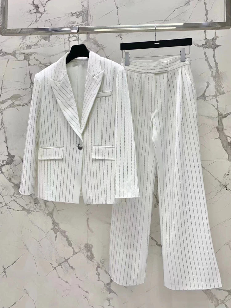 Luxury Striped 2 piece set for women Rhinestone double breasted blazer And Flare pants 2024 Autumn winter Office lady suit 4O083