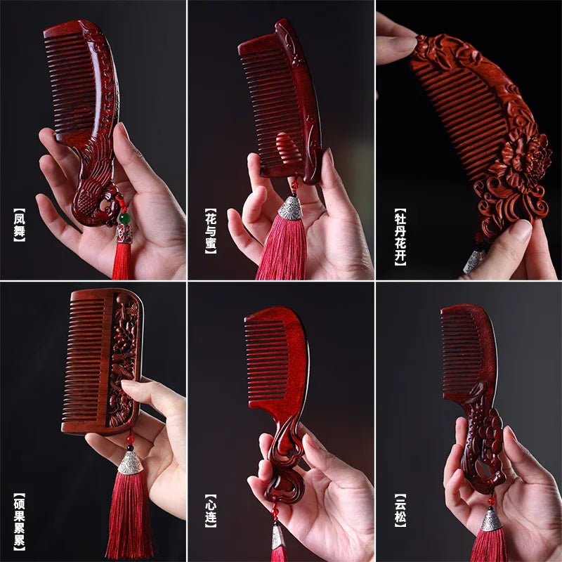 Natural Rhinoceros Horn Small Leaf Red Sandalwood Carved Wood Comb Retro Style Massage Comb Gifts with comb