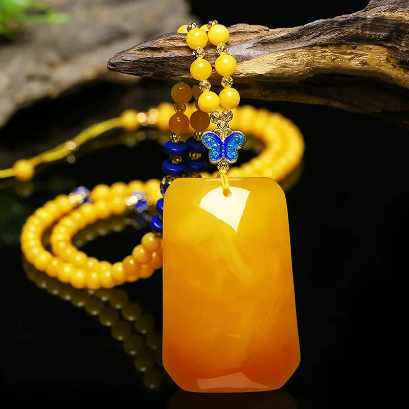 Drainage Gift Beeswax Pendant Women's Water Drop with Shape Sweater Chain Blue Carving Amber Necklace Pendant