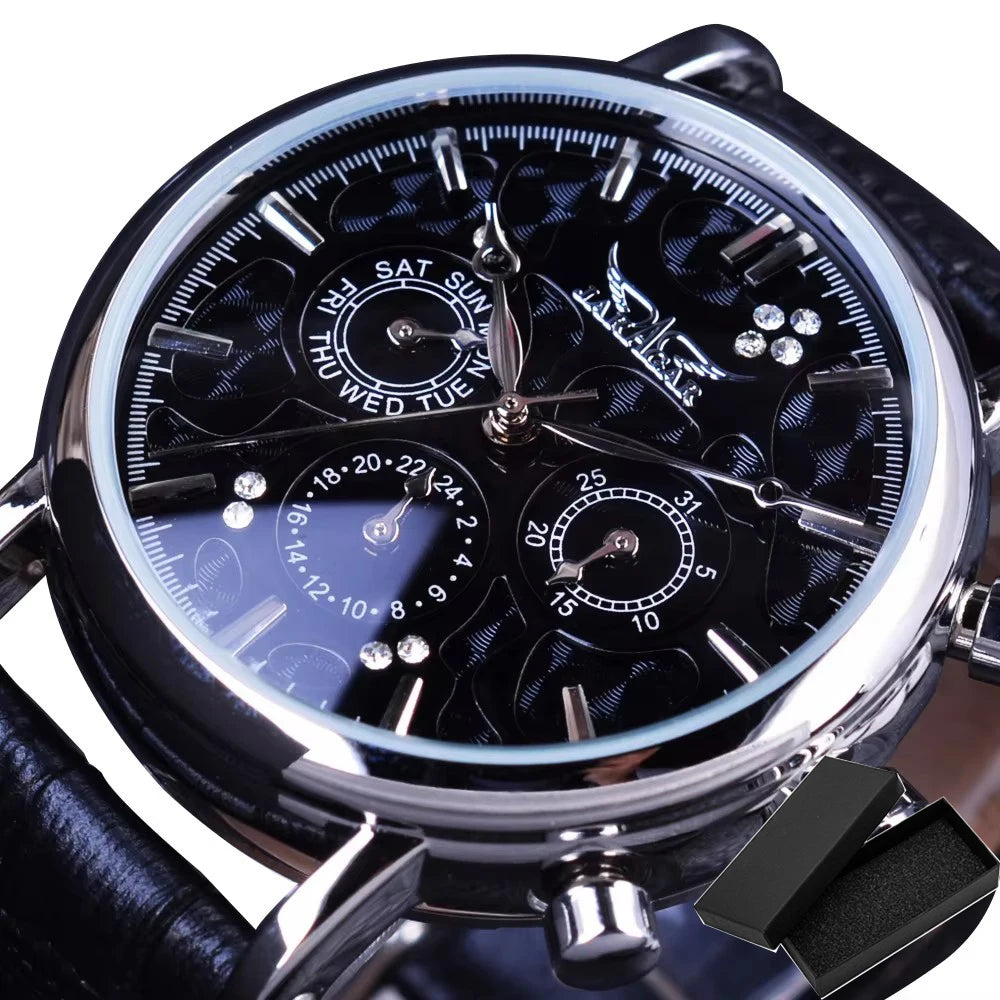 Jaragar Blue Glass Design Black Silver Automatic Watch Stainless Steel Date Clock Luminous Men Business Mechanical Wristwatch