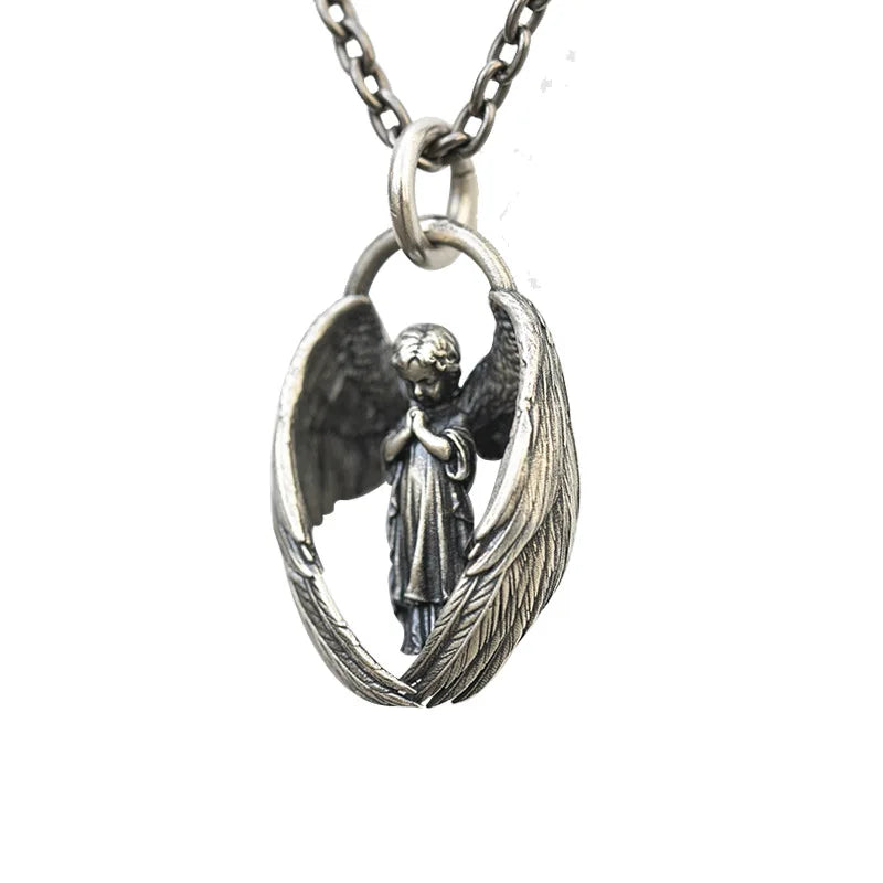 KIMLUD, Stainless Steel Creative Personality Prayer Angel Pendant Necklace Men and Women Fashion Trend Hip Hop Punk Accessories Jewelry, AL13351-silver, KIMLUD APPAREL - Womens Clothes