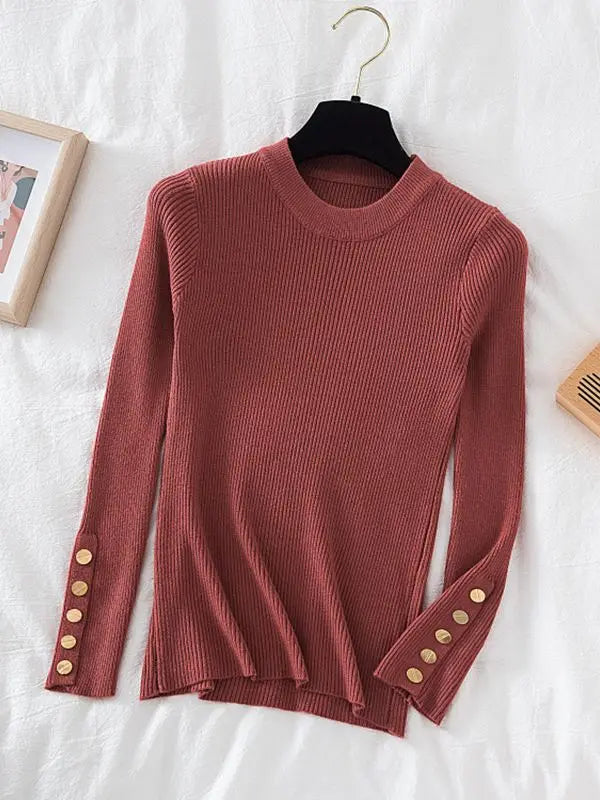 KIMLUD, 2024 women thick sweater pullovers khaki casual autumn winter button o-neck chic sweater female slim knit top soft jumper tops, Brick Red / One Size, KIMLUD APPAREL - Womens Clothes