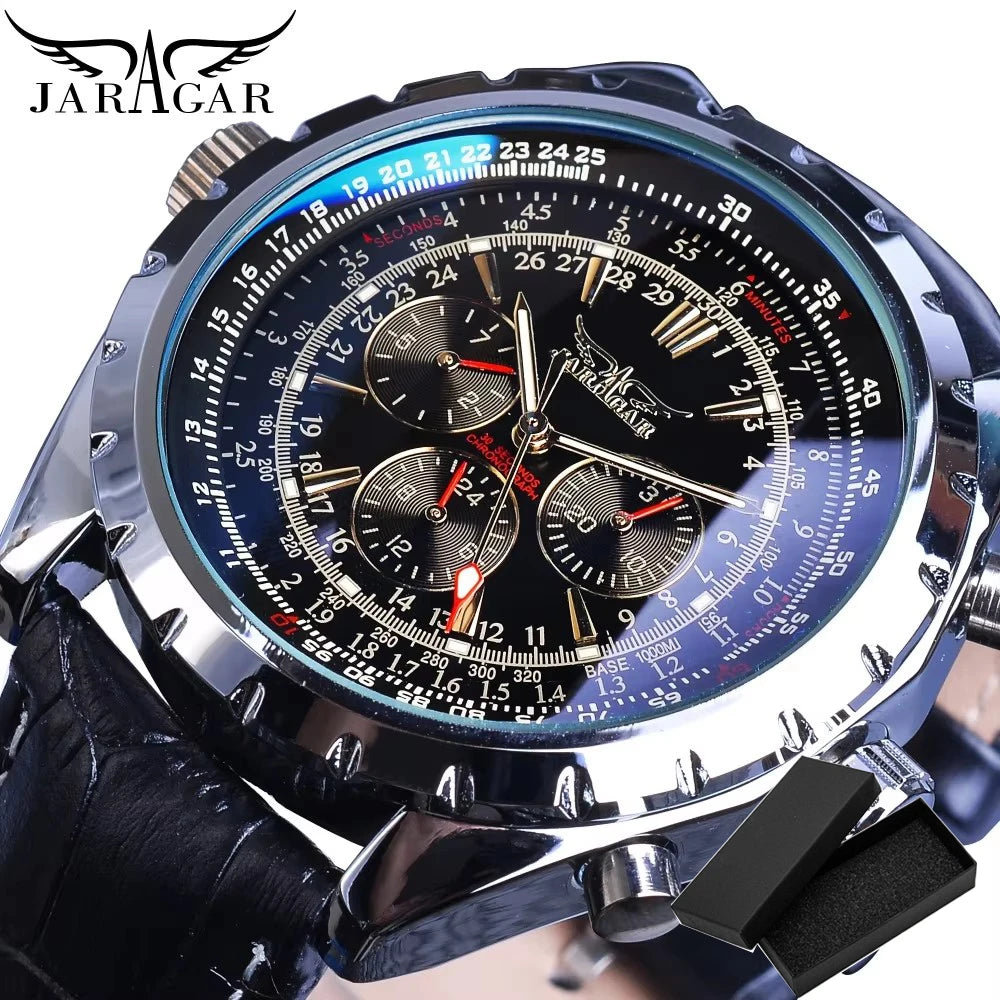 Jaragar Blue Glass Design Black Silver Automatic Watch Stainless Steel Date Clock Luminous Men Business Mechanical Wristwatch