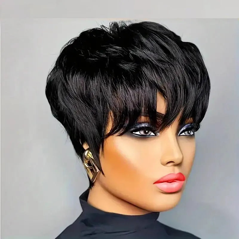 Pixie Cut Wigs For Women Human Hair Short Bob Wig With Bangs Layered Pixie Cut Wig 9A Brazilian Human Hair Full Machine Made Wig - KIMLUD