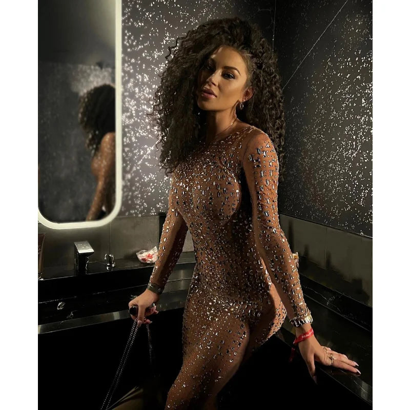 Glitter Female Cover up Maxi Dress Mesh See-Through Split Fashion Long Sleeve Slim Sexy Beach Cover up Dress For Women New