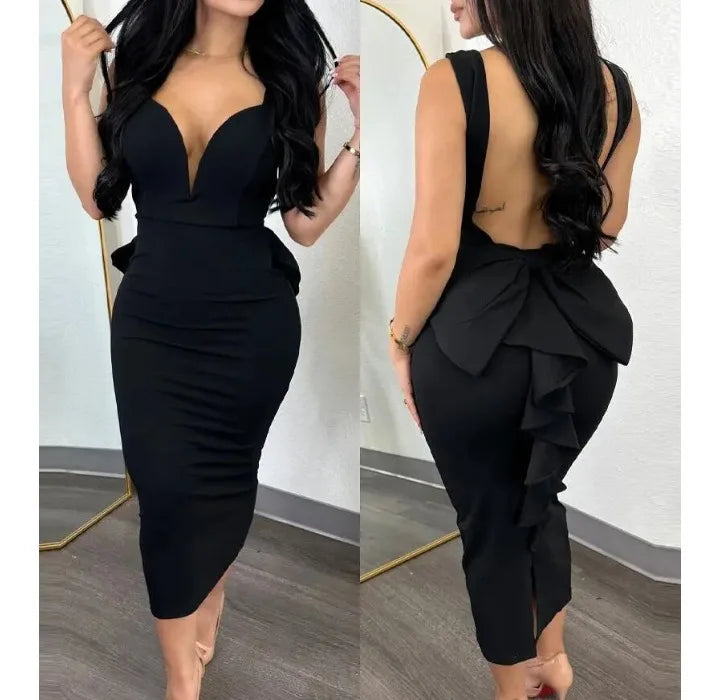 Evening Dresses for Women 2024 Sexy Woman Clothing Backless Deep V Bow Elastic Split Fashion Elegant Hip Wrap Midi Bodycon Dress