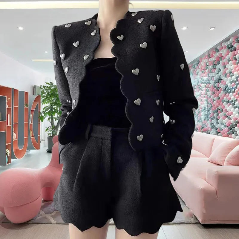 Fashion Love Beading Wool Jacket Coat High Street Fall Winter French Vintage Elegant Short Cardigan Women Outwear Blazer G338