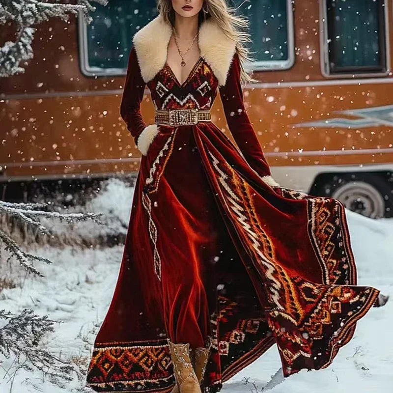 Winter Ethnic Hair Collar Gold Velvet Party Dress Sexy Women Print Feather Bohe Long Dresses Retro High Waist Vacation Dresse