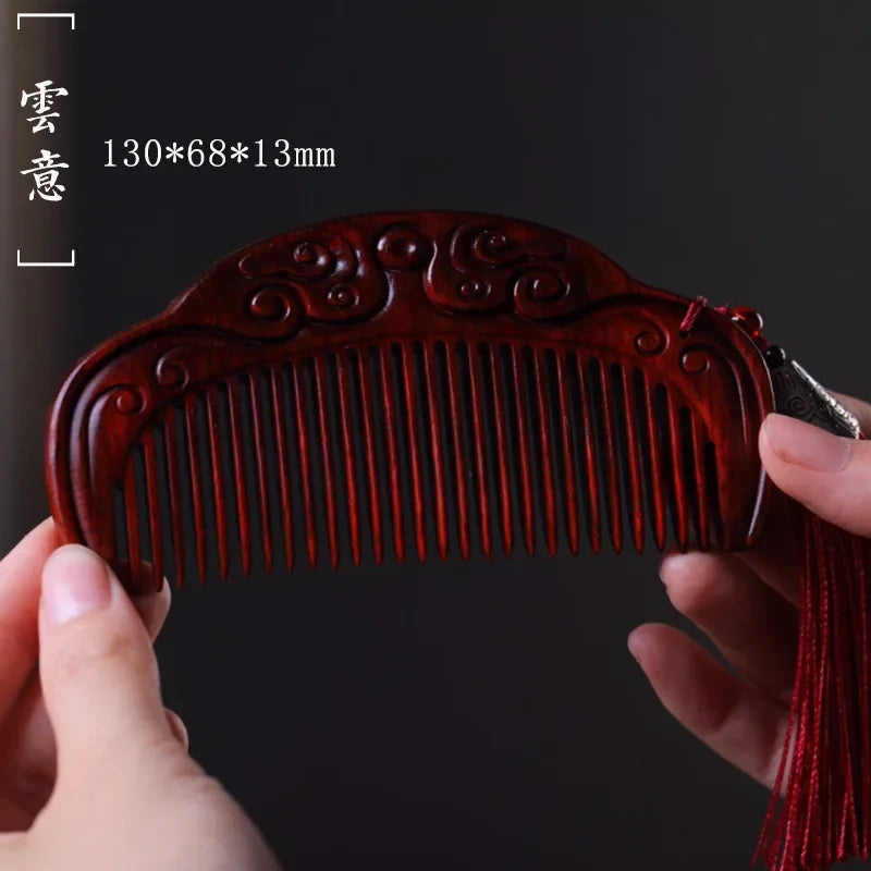 Natural Rhinoceros Horn Small Leaf Red Sandalwood Carved Wood Comb Retro Style Massage Comb Gifts with comb