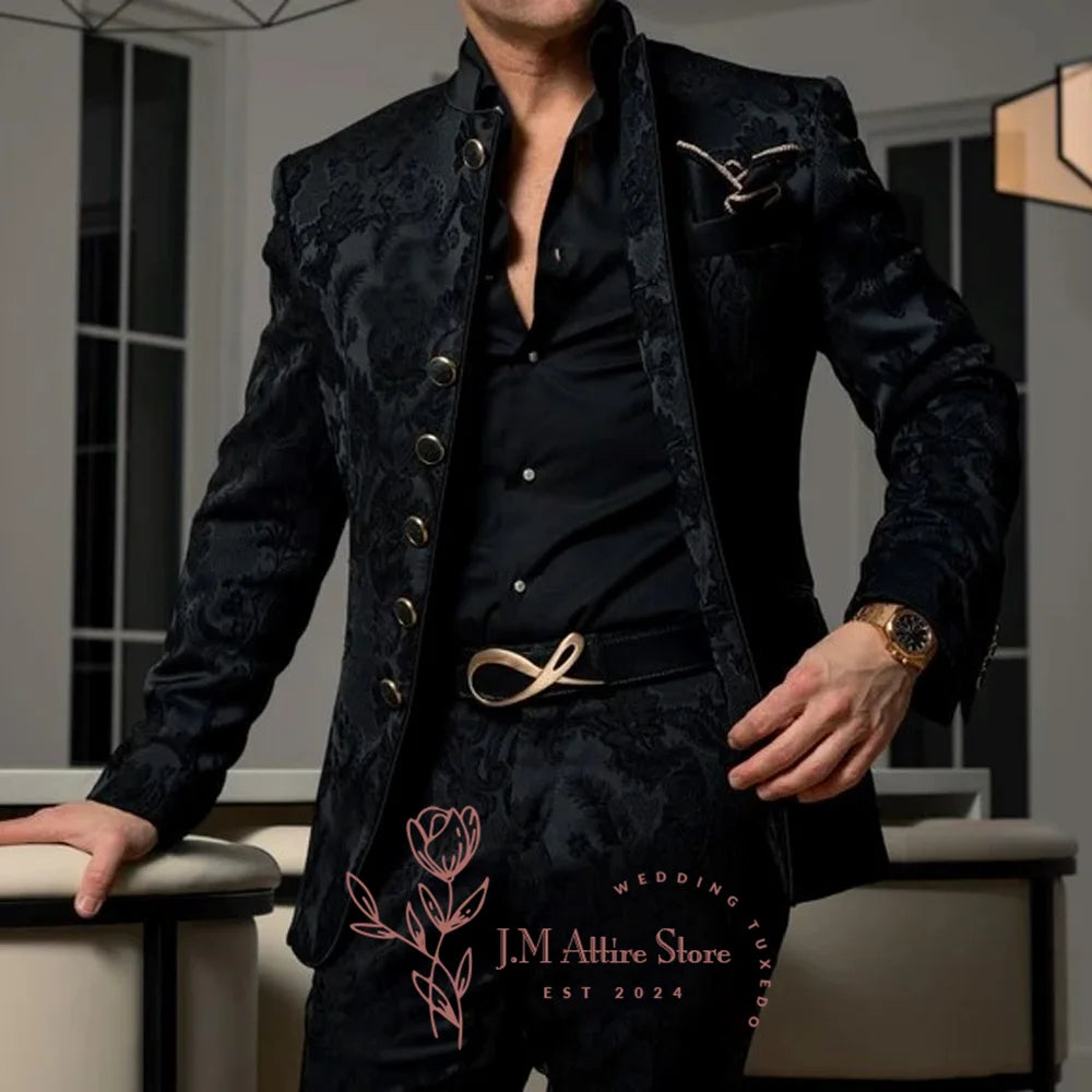 Formal Men's Suits 2 Pieces Blazer Pants Black Jacquard Set for Wedding Dinner Dating Ceremony Banquet Luxury Custom Tuxedo  ﻿