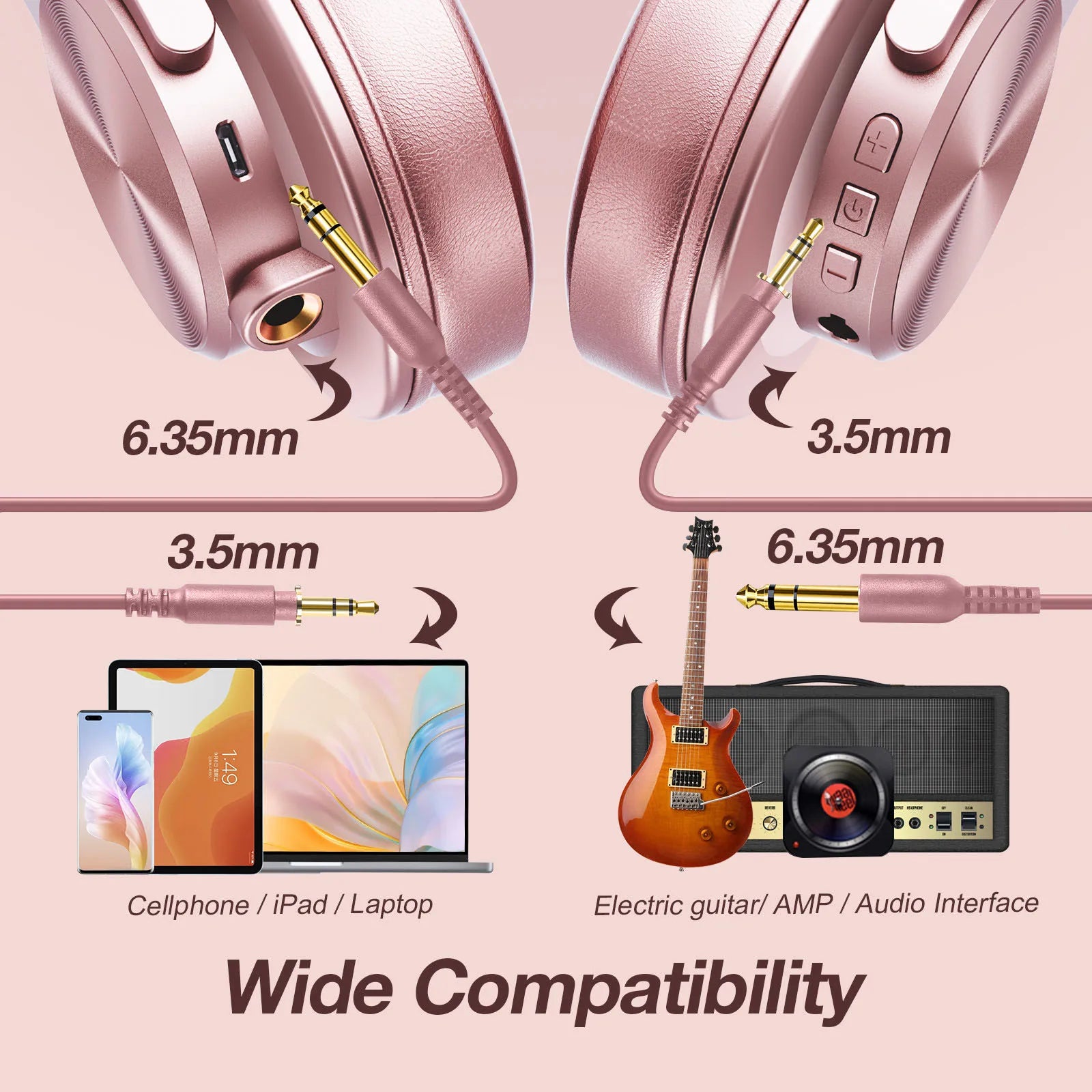 Oneodio A70 Wireless Headphones Sport Bluetooth 5.2 Earphone Over Ear Handsfree Headset With Microphone For Phone Rose Gold