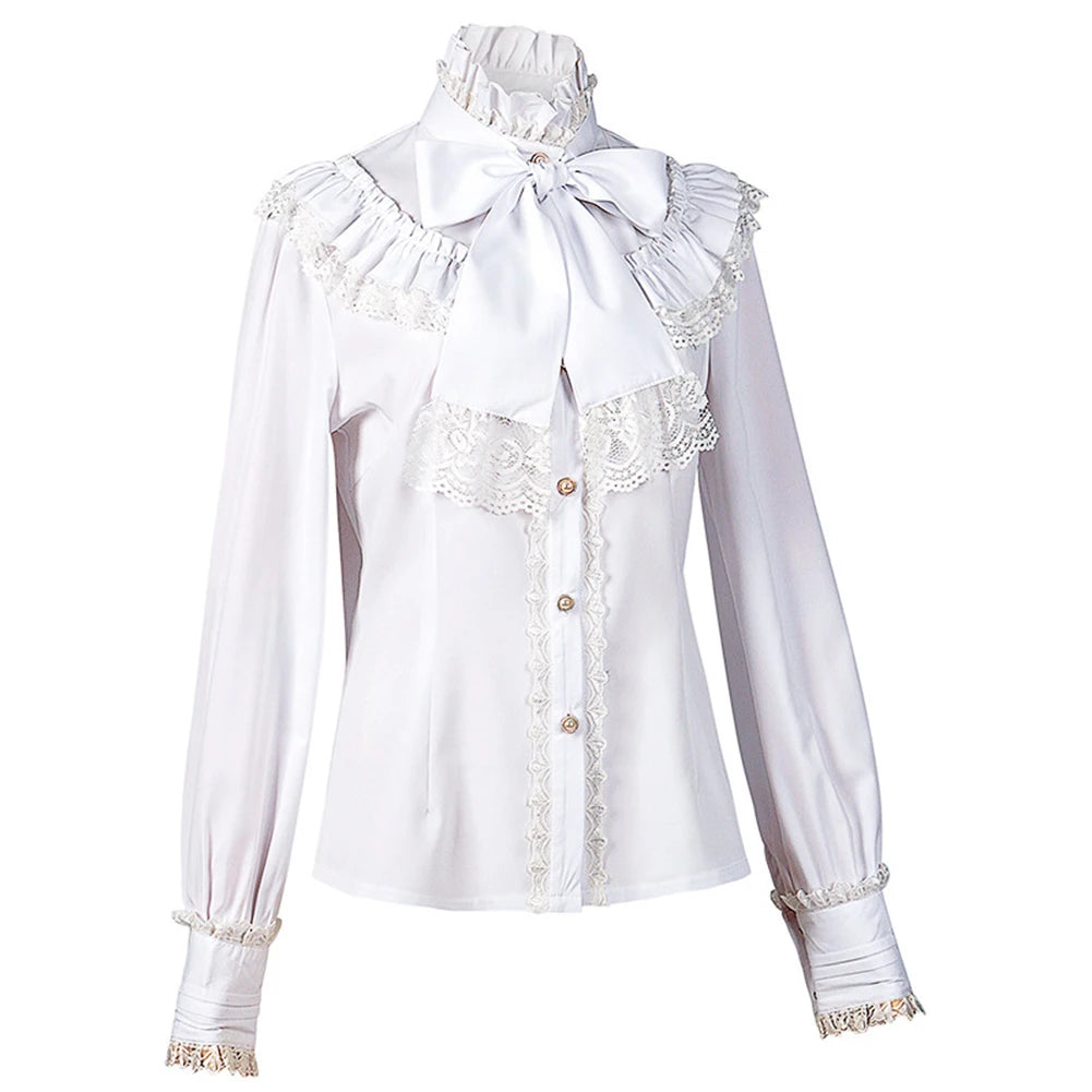 Victorian Women's Ruched Lace Shirts And Blouses Gothic Lolita Vintage Long Sleeve Lotus Ruffle Solid Black White Tops Shirt