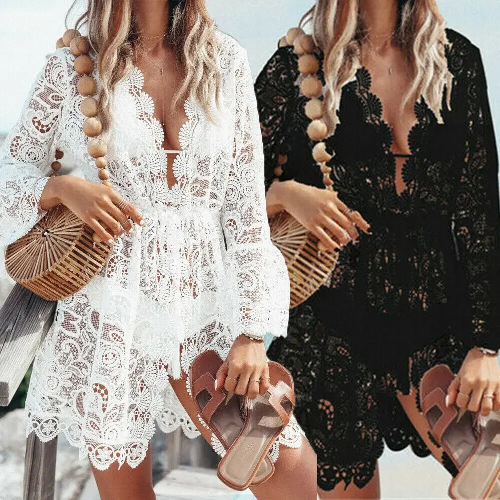 Bikini Cover Ups for Women Beach Sundress Boho Crochet White Knitted V-neck Scallop Trim Lace Dress Tunic Pareos Robe Beachwear - KIMLUD