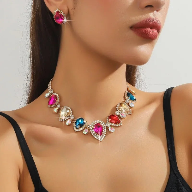 KIMLUD, Draweye Rhinestones Necklaces for Women Waterdrop Wedding Bridual Elegant Jewelry Vintage Fashion Collares Para Mujer, 2pcs sets red, KIMLUD APPAREL - Womens Clothes