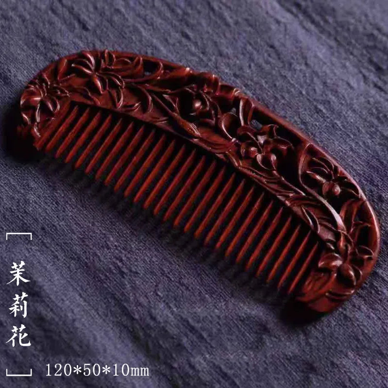 Natural Rhinoceros Horn Small Leaf Red Sandalwood Carved Wood Comb Retro Style Massage Comb Gifts with comb