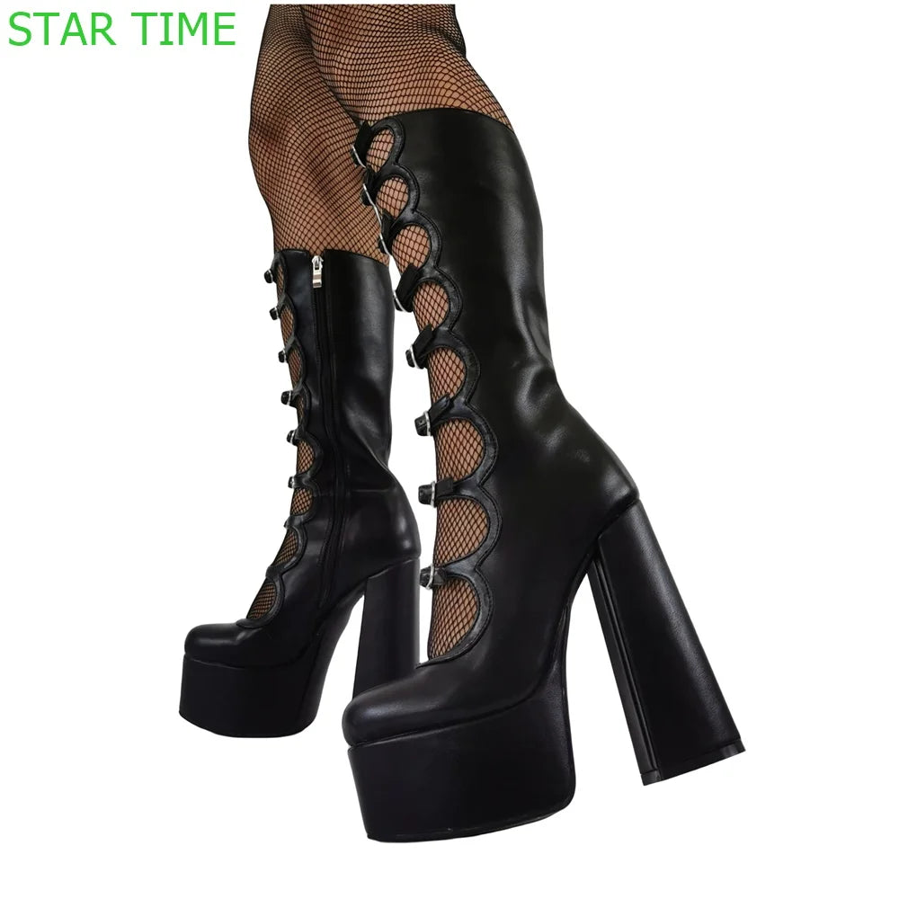 Platform Patent Leather Gothic Summer Boots 2024 New Round Toe Buckle Sexy Girl Boots Plus Size Fashion Women Thick High Heels