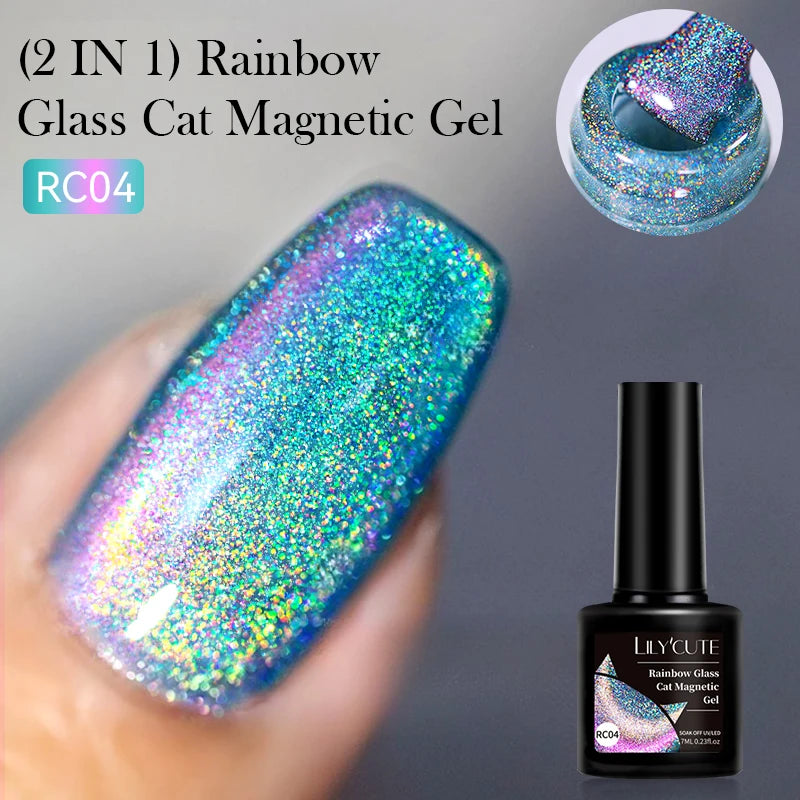 KIMLUD, LILYCUTE 7ML Rainbow Glass Cat Magnetic Gel Nail Polish Super-Bright Colorful Glitter Sparkling Manicure Semi Permanent Nail Gel, LC-RC04, KIMLUD APPAREL - Womens Clothes