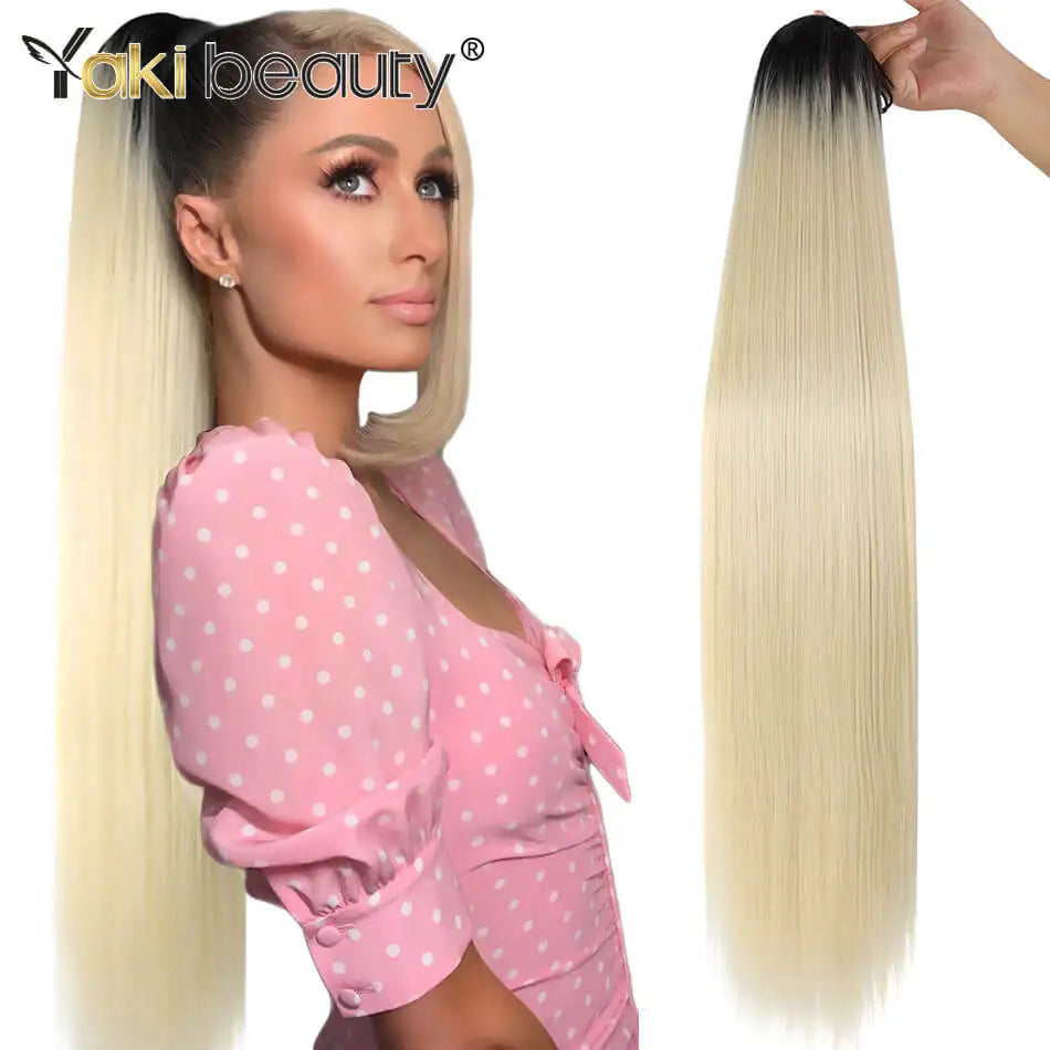 Synthetic Drawstring Ponytail Long Kinky Curly Ponytail Organic Chip-In Hair Extension P4/27 Clip In Pony-Tail By YAKIBEAUTY