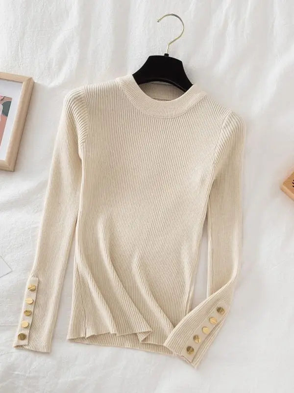 KIMLUD, 2024 women thick sweater pullovers khaki casual autumn winter button o-neck chic sweater female slim knit top soft jumper tops, Beige / One Size, KIMLUD APPAREL - Womens Clothes