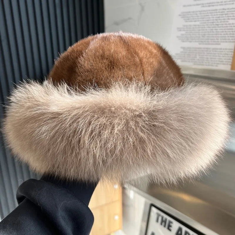 Real Mink Fur Hat For Women Winter Natural Mink Fur Hat With Fox Fur Brim Female Fashion Fisherman Hat Thicked Fur Bomber Hats