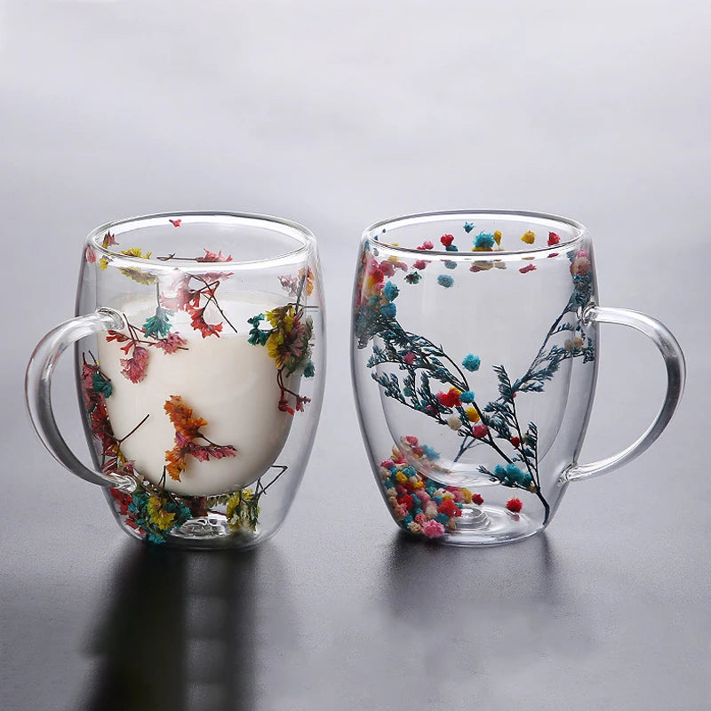 YWDL 1/2pcs Double Wall Glass Cup With Handle Heat Resistant Tea Coffee Cups Espresso Milk Mug Gift - KIMLUD