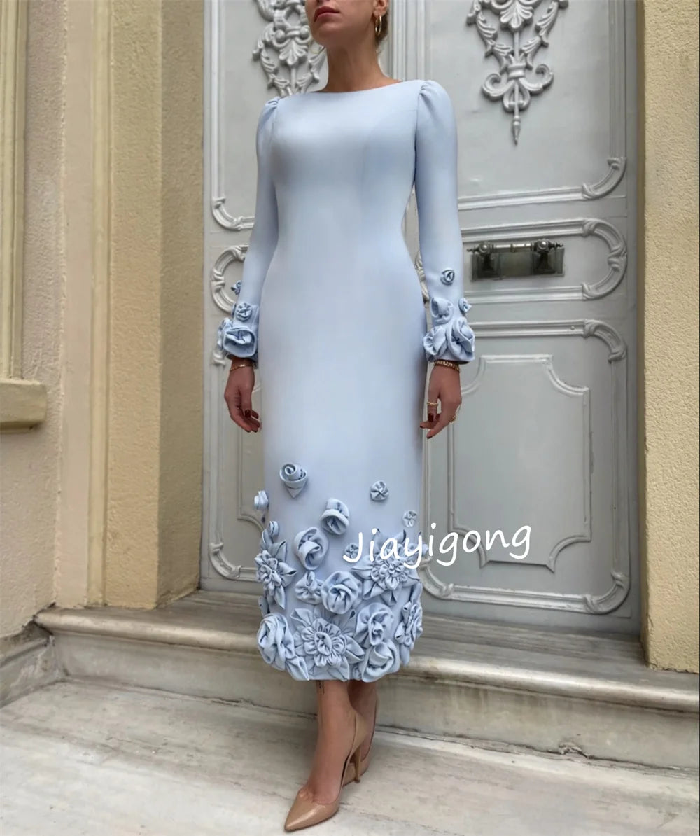 Customized Sizes Available Jersey Pleat Flower Straight Jewel Midi Dresses Cocktail Dresses High Quality Unisex