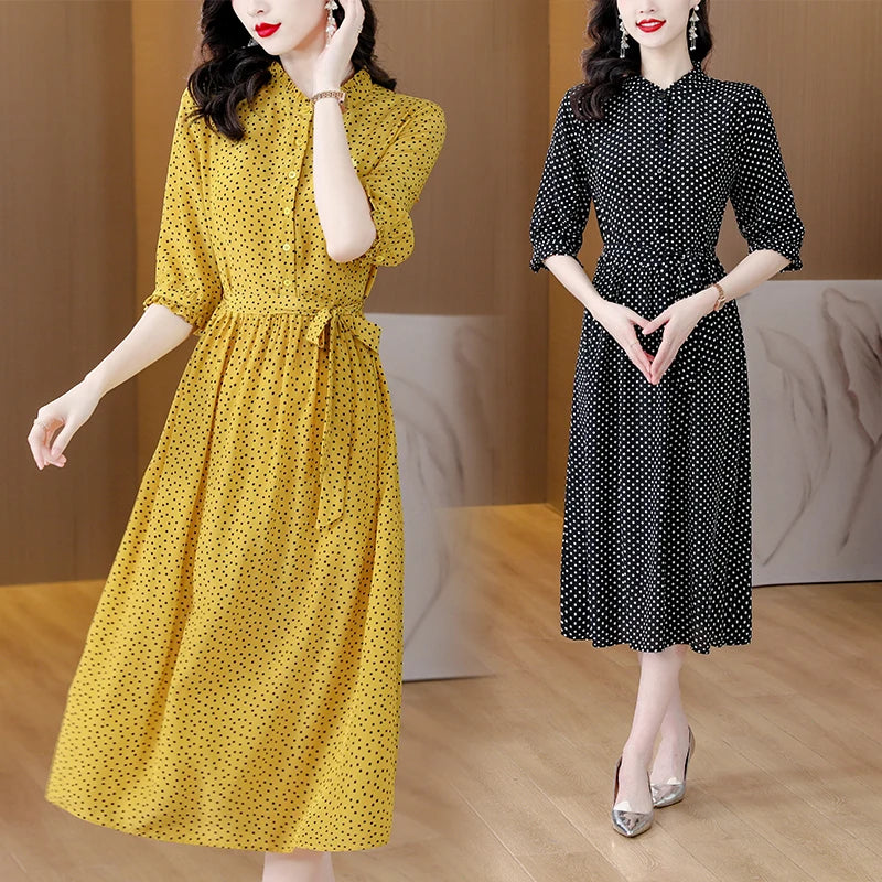 Spring Fashion Elegant Silk Printed Dress For Women 2023 New Versatile 5/4 Sleeve Loose Fit Casual Holiday Knee Length Dress Ves