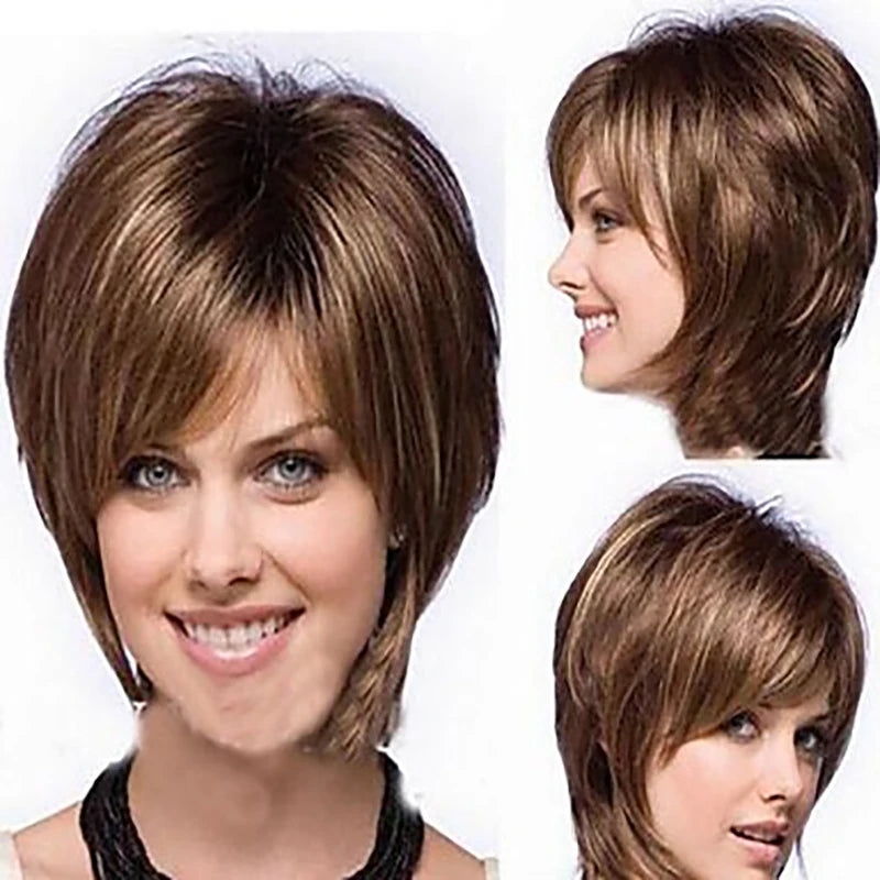 HAIRJOY Women Straight Bangs Style Pixie Cut Synthetic Hair Wig Brown Mixed Short Wigs Machine Made