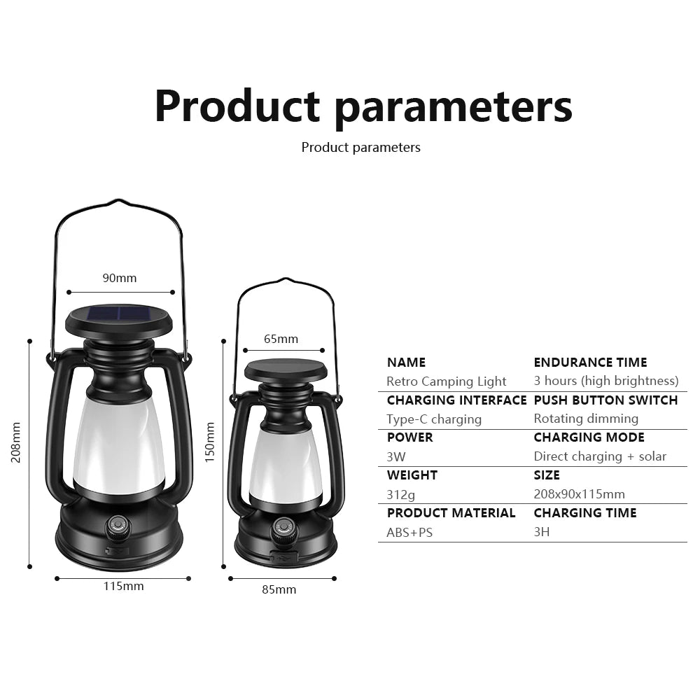 USB Rechargeable Camping Light Portable Camping Lanterns Hanging Tent Light 3000-5000K Stepless Dimming with Solar Charging