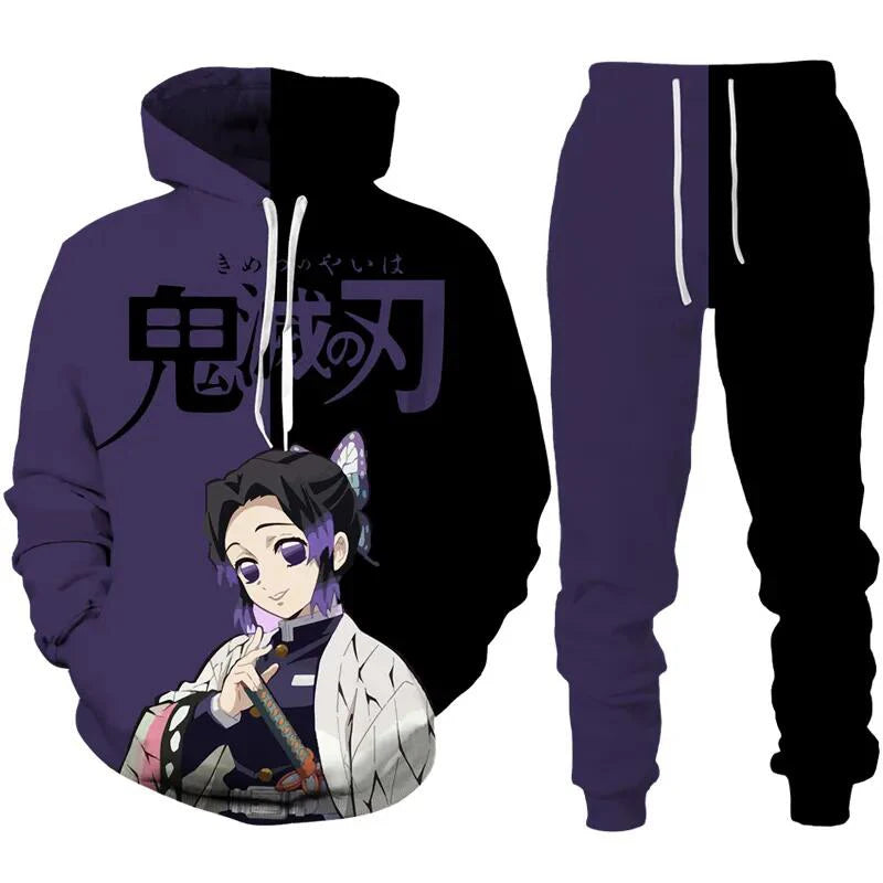 Anime Demon Slayer Hoodies 3D Printed Cosplay pants+Hoodie 2PCS Set Tracksuit Men Oversize Vintage Streetwear Hoodie Pants Sets