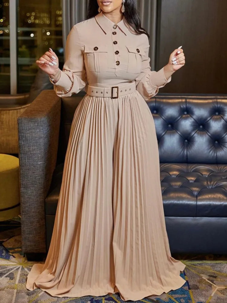 Dashiki African Elegant Fashion Women Pleated Jumpsuits Long Sleeve Wide Leg Pants Rompers Party Office Outfits With Belt 2023