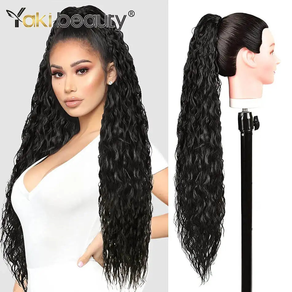 Synthetic Drawstring Ponytail Long Kinky Curly Ponytail Organic Chip-In Hair Extension P4/27 Clip In Pony-Tail By YAKIBEAUTY