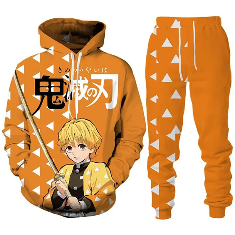 Anime Demon Slayer Hoodies 3D Printed Cosplay pants+Hoodie 2PCS Set Tracksuit Men Oversize Vintage Streetwear Hoodie Pants Sets