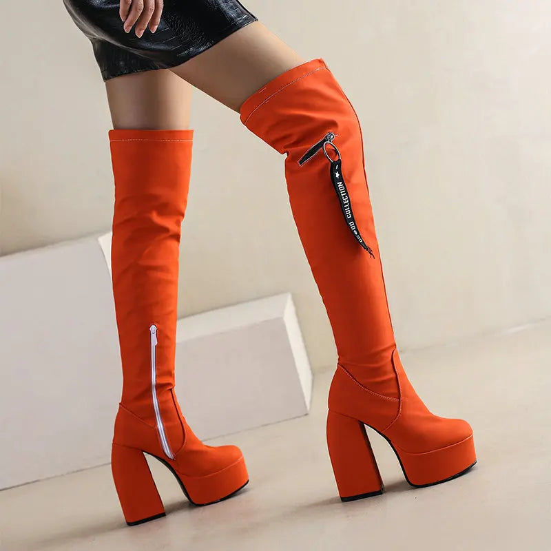 Orange Purple Navy Blue Platform Overknees Sexy Block High Heeled Women Winter Shoes Plus Size 34-48 Over The Knee Stretch Boots