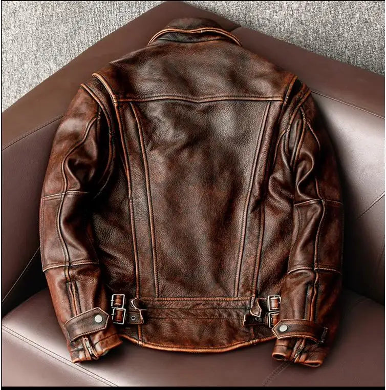 CC Shop.Vintage Brand cowhide Jacket,Classic casual genuine Leather coat.Motor Rider leather wear.Retro style.quality