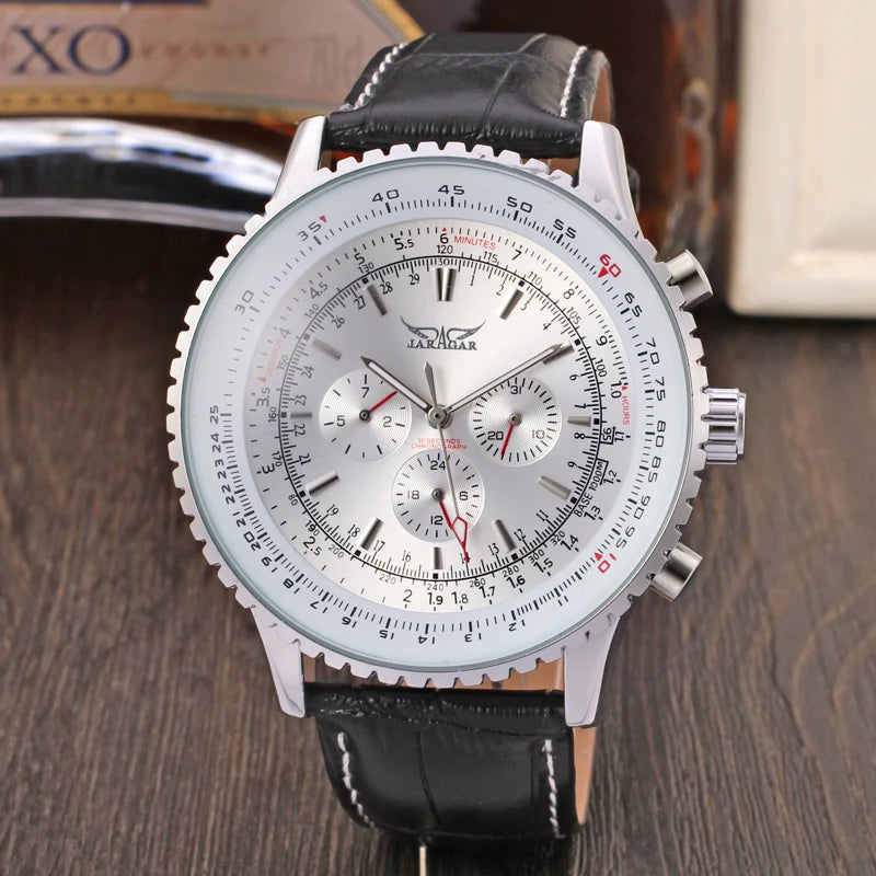 JARAGAR Original Replica Big Dial Multifunctional Automatic Man Watch Leather Vintage Mechanical Waterproof Male Wrist Watches